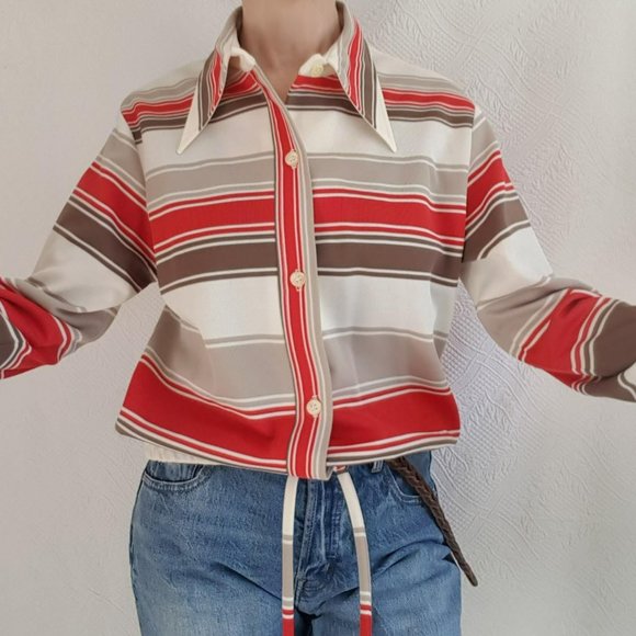 Vintage Polyester M L  Striped shirt Jacket 70s dagger collar button front - Picture 1 of 4